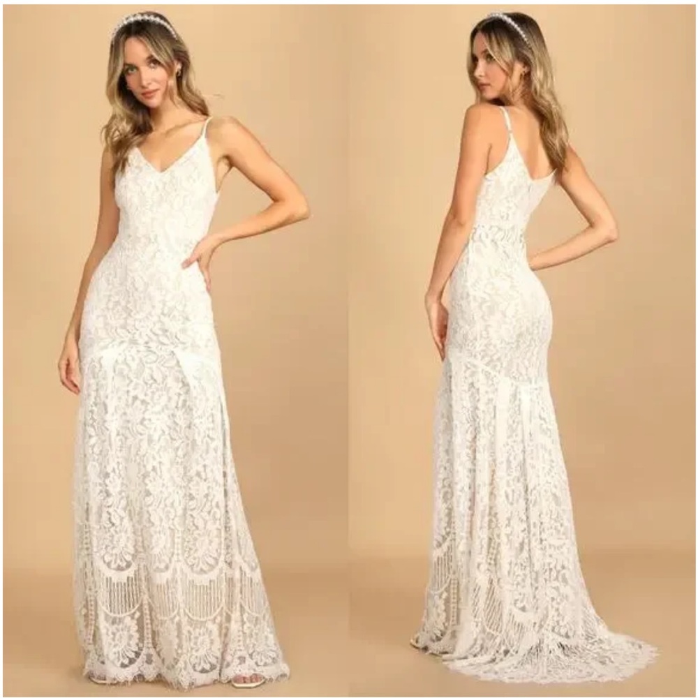 Lulu's Flynn White Lace Mermaid Hem Maxi Dress Size Medium